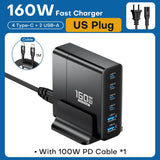 160W fast charger with multiple USB-C and USB-A ports and a detachable US plug.