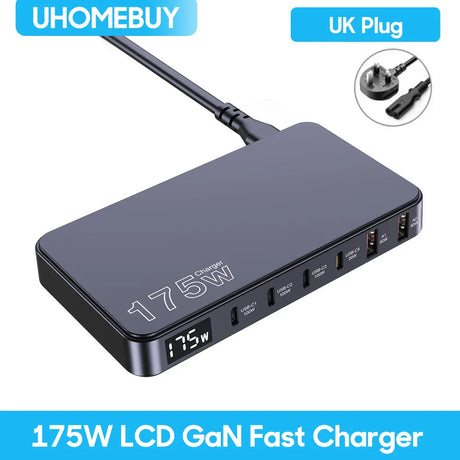 175W LCD GaN fast charger with multiple USB ports and a UK plug option.