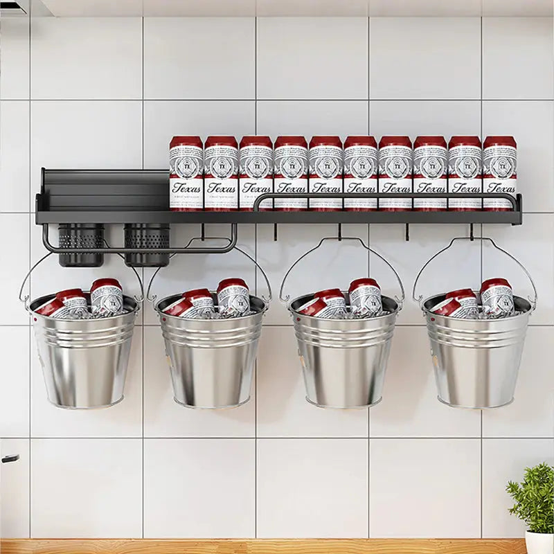 a kitchen shelf with buckets and a pot rack