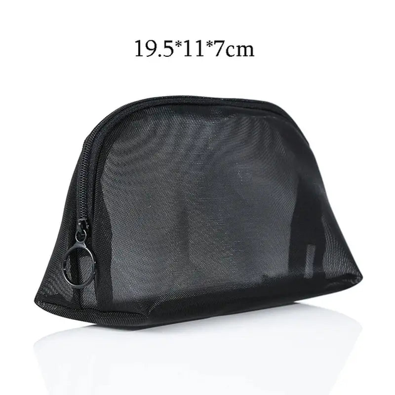 a black mesh bag with a zipper closure