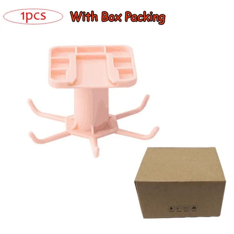 a pink plastic box with a small brown box