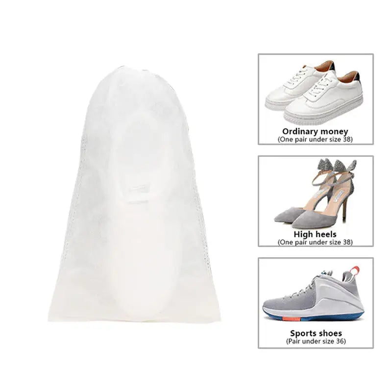a white shoe bag with four different types of shoes
