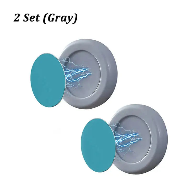 two gray and blue buttons with a blue thread in them