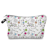 a white cosmetic bag with a pattern of science symbols