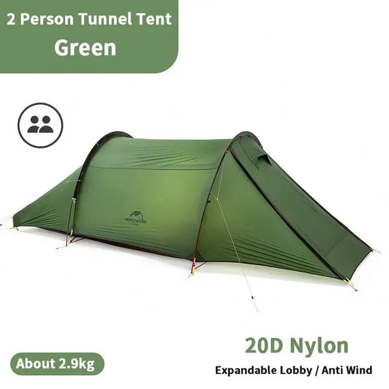 the tent is green and has a black and white logo