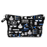a black and white bag with blue and white symbols
