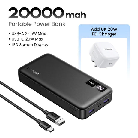 20000mAh portable power bank with USB-A and USB-C ports, LED display, and included charging cable.