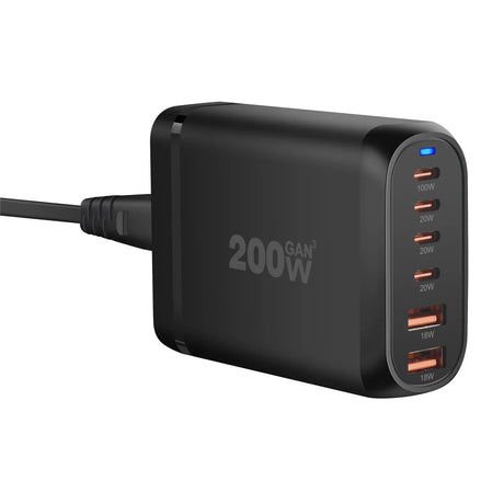 200W GaN multi-port USB charger with six charging ports.