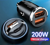 200W mini car charger with dual USB ports.