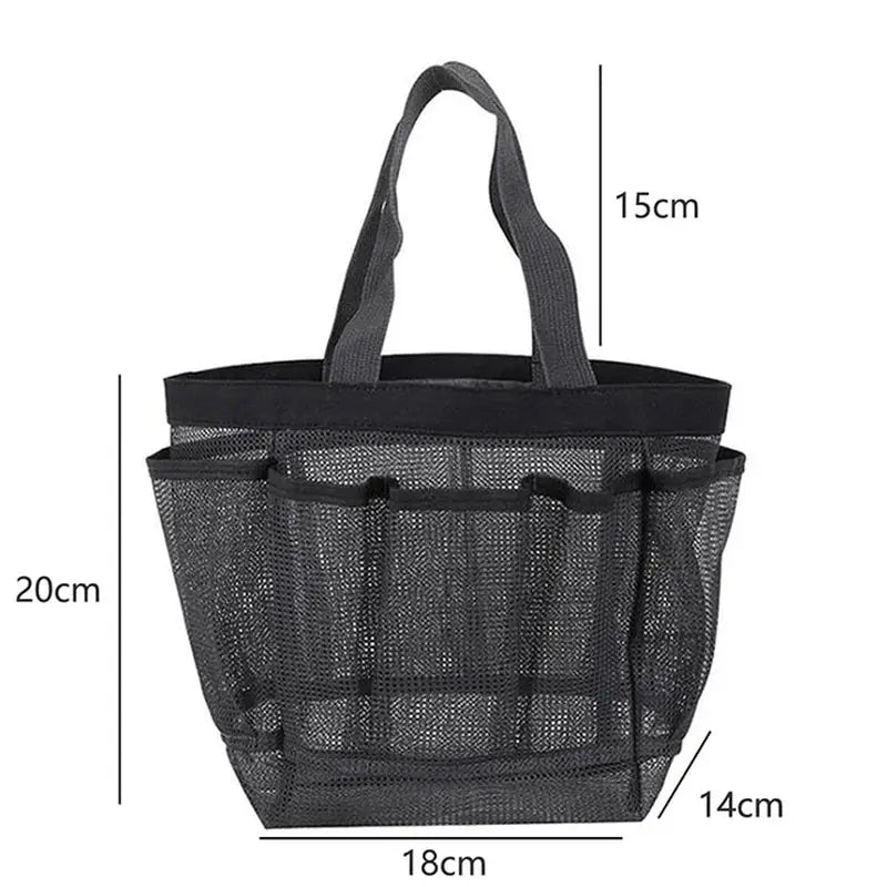the mesh tote bag is shown with measurements