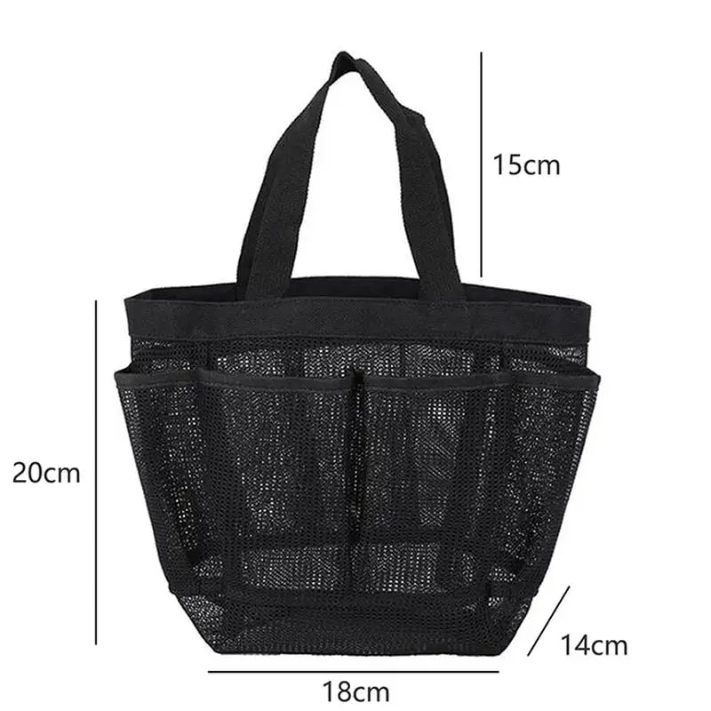 the mesh tote bag is shown with measurements