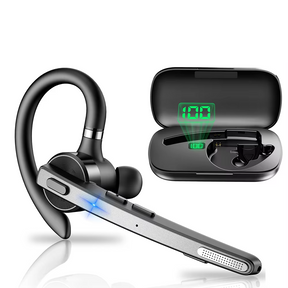 Black over-ear Bluetooth headset with a charging case displaying battery levels.