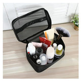 a black travel bag with makeup and cosmetics products inside