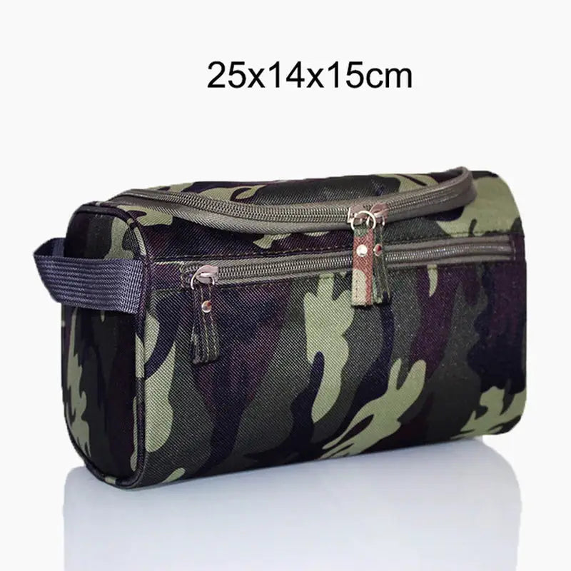 a camouflage print toilet bag with a zipper