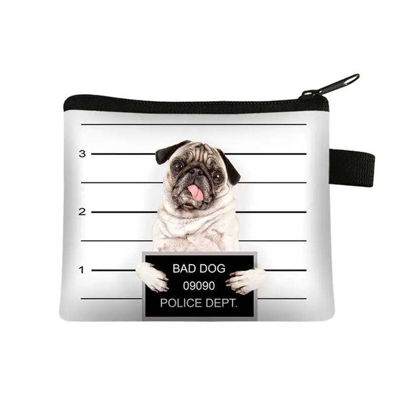 a small zipper bag with a pug dog holding a sign