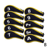 a close up of a number of golf putters with a yellow and black cover
