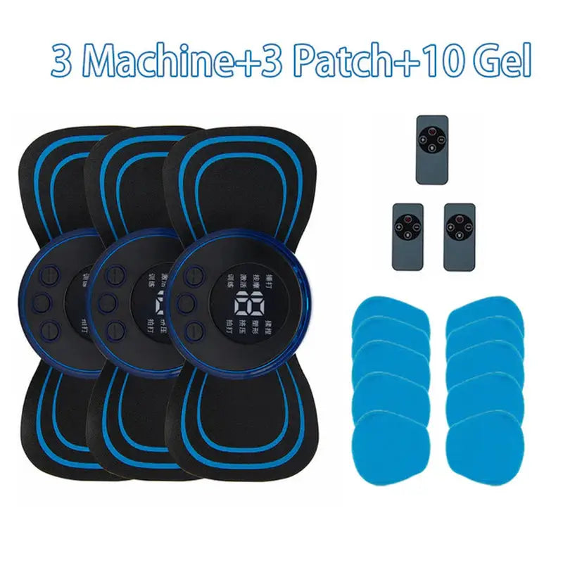 a set of three blue and black foam pads with a remote controller