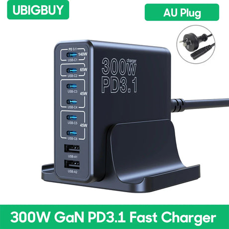 300W GaN PD3.1 fast charger with multiple USB ports and an integrated device stand.