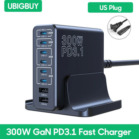 300W GaN PD3.1 fast charger with multiple USB ports and a device stand.