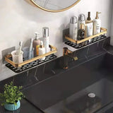a bathroom sink with two black sinks and a mirror