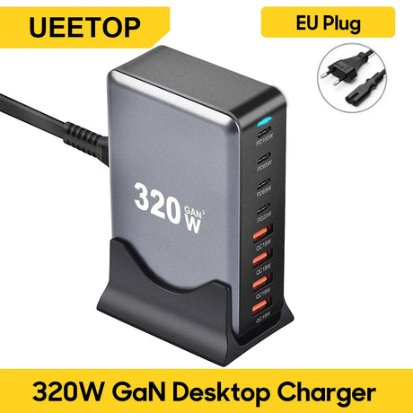 320W GaN desktop charger with multiple USB ports and an EU plug.