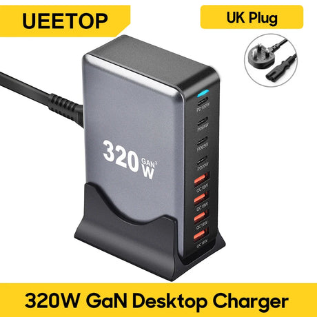 320W GaN desktop charger with multiple USB-C and USB-A ports.