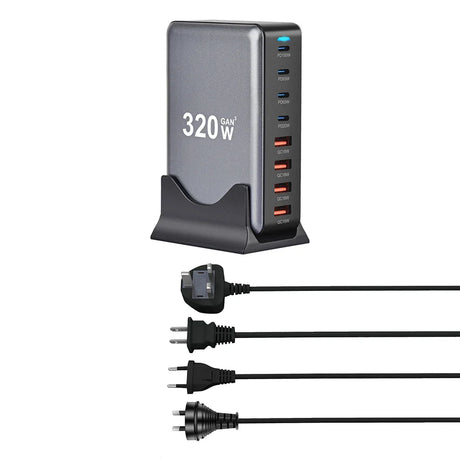 320W GaN multi-port USB charger with various power plug adapters.