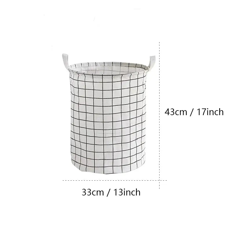 a white and black plaid fabric storage basket