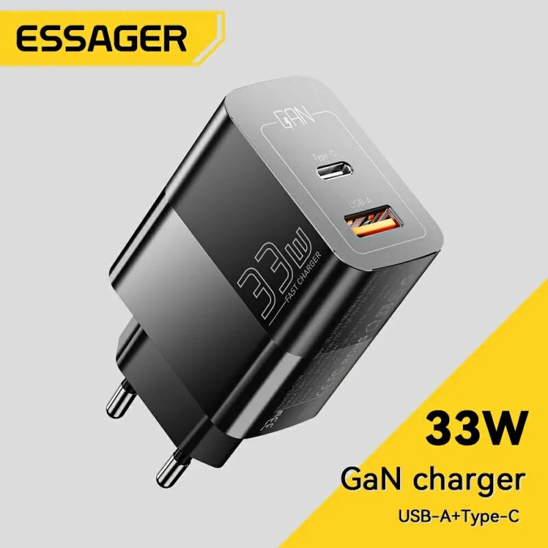 33W GaN charger with USB-A and USB-C ports from Essager brand.