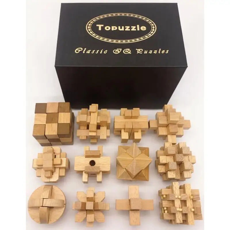 a box of wooden puzzles