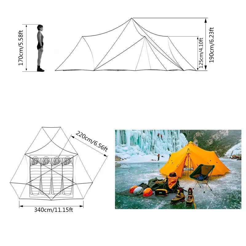 a diagram of a tent with a person standing next to it