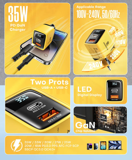 35W PD GaN charger with dual USB ports and LED display for fast charging various devices.