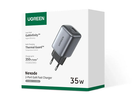 35W Ugreen Nexode 2-Port GaN Fast Charger with USB-C and USB-A ports.