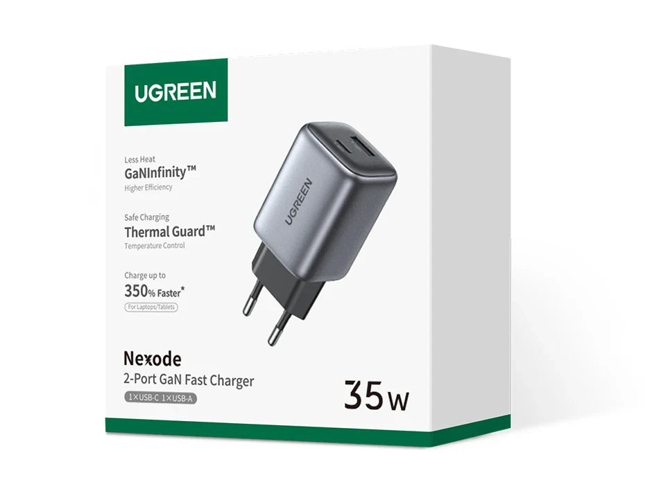 35W Ugreen Nexode 2-Port GaN Fast Charger with USB-C and USB-A ports.