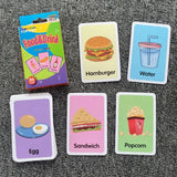 four cards with different foods and drinks