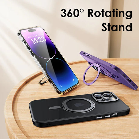 360-degree rotating phone stand with magnetic attachment for smartphones.