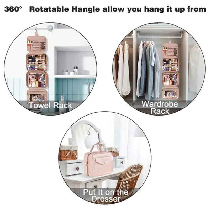 a close up of three pictures of a closet with clothes hanging