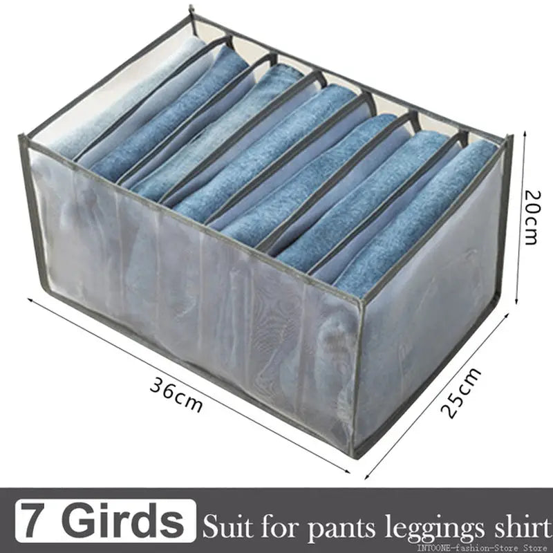 a large storage box with six pairs of jeans inside