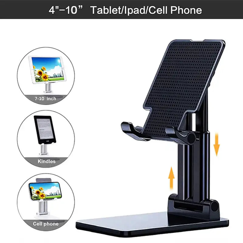 a black phone stand with a tablet and a monitor