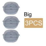 three large, round, and round plastic containers with measurements