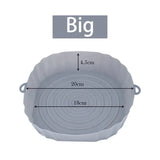 the dimensions of a large, round, grey, ceramic baking dish