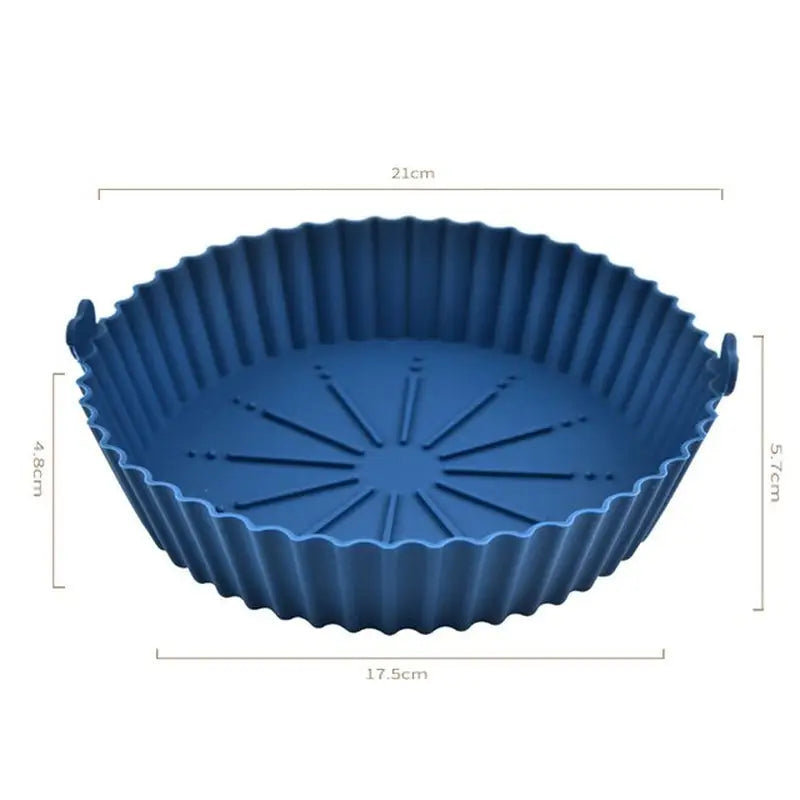 a close up of a blue cake pan with a measuring line