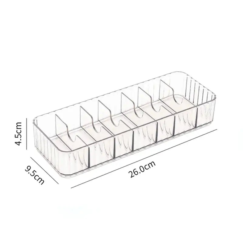 a clear plastic organizer with four compartments