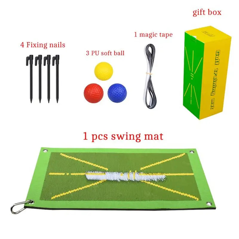 golf practice mat with golf ball, tees and ball