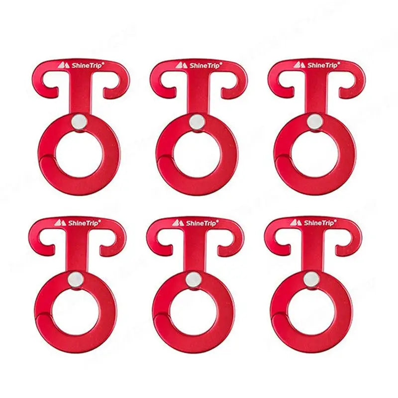 six red plastic bottle openers with white letters