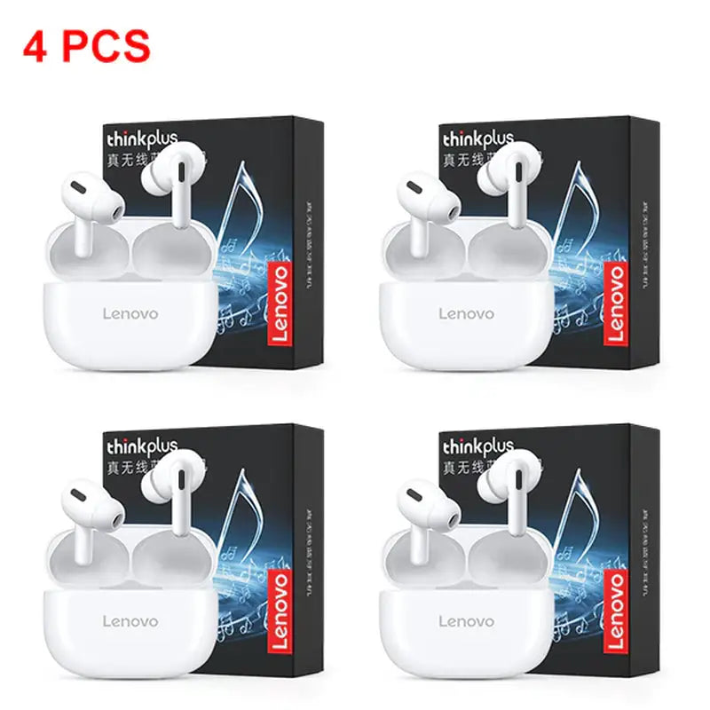 four white earphones in a box with a box of packaging