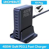 400W GaN PD3.1 fast charger with multiple USB ports and a charging stand.