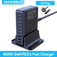 400W GaN PD3.1 fast charger with multiple USB ports and a UK plug.
