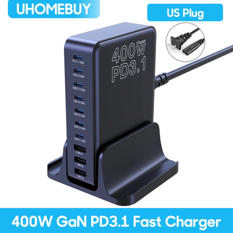 400W GaN PD3.1 fast charger with multiple USB ports and a stand.