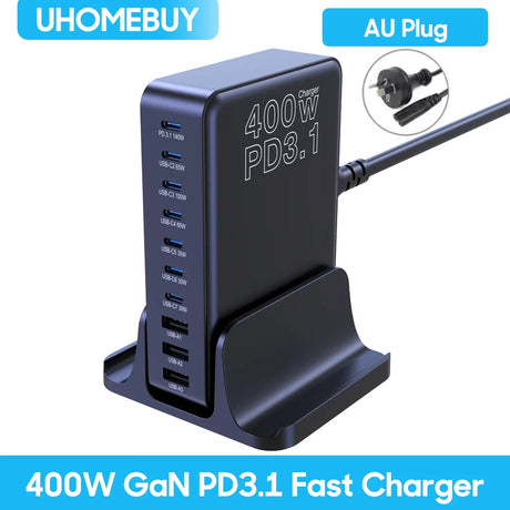 400W GaN PD3.1 fast charger with multiple USB ports and an AU plug.